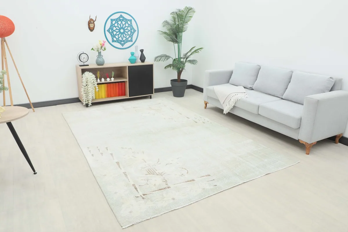 Vintage beige rug displayed in a bright room setting with a light gray sofa and modern decor.