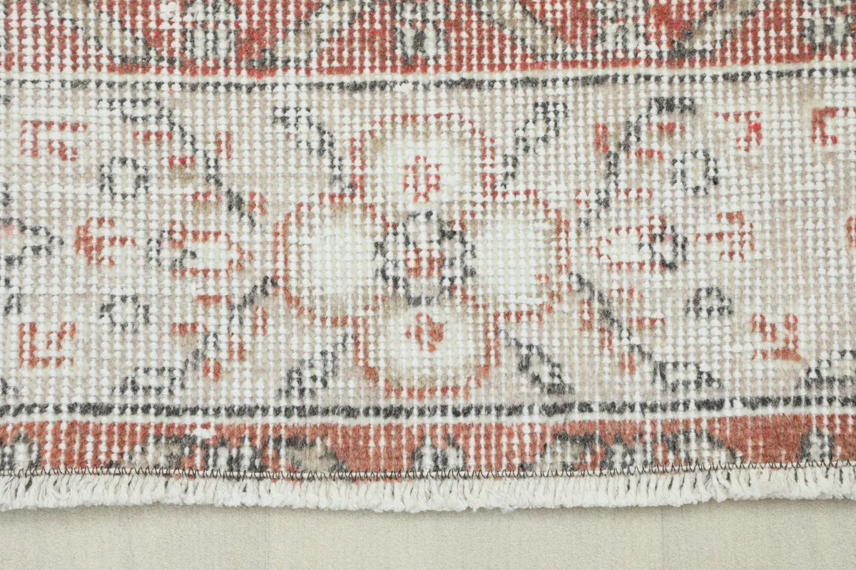 Close-up view of the rug's border pattern, showing shades of rust, gray, and cream.