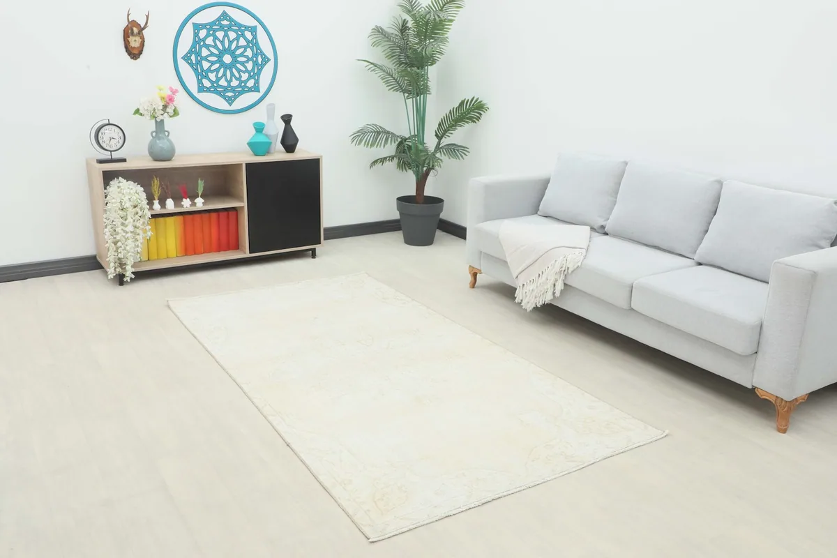 Cream beige rug placed in a modern living room setting with a sofa and cabinet