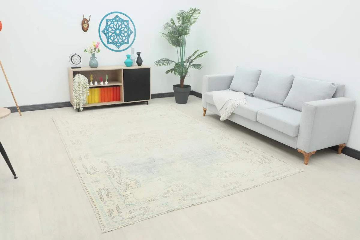 Beige vintage rug displayed in a living room setting with a light gray sofa and wooden furniture