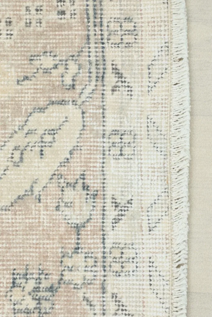 Close-up view of the rug's beige border with geometric patterns and fringe