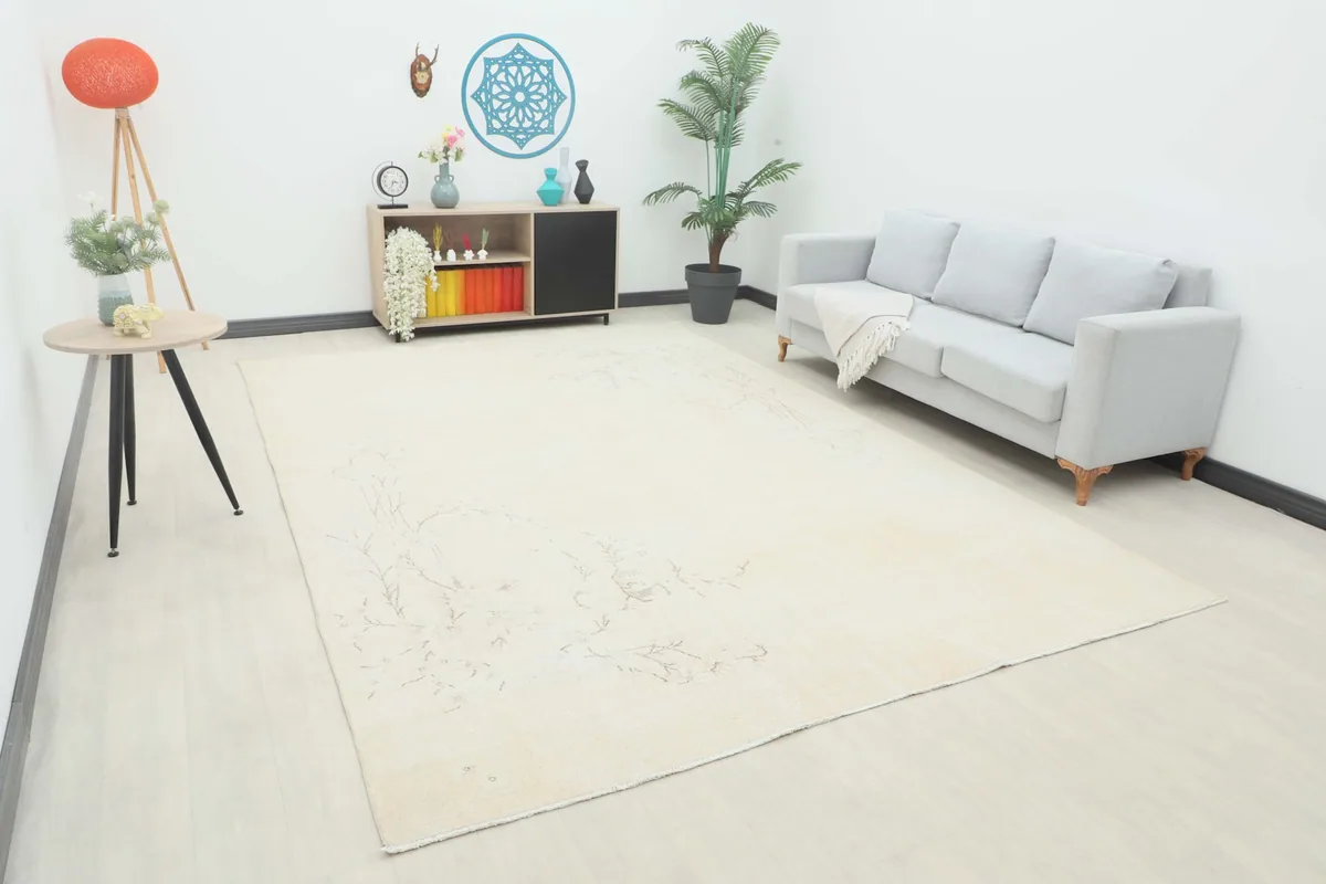 Cream and tan vintage rug in a living room setting with a light gray sofa and modern decor.