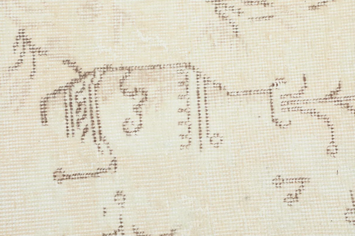 Close-up of a section of the rug, highlighting the subtle, distressed tan motifs and texture.