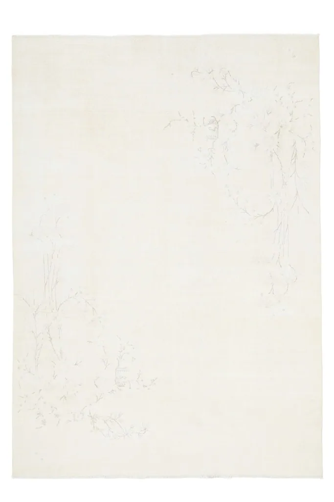 Full overhead view of the cream and tan vintage Anatolian rug, showcasing its subtle design.