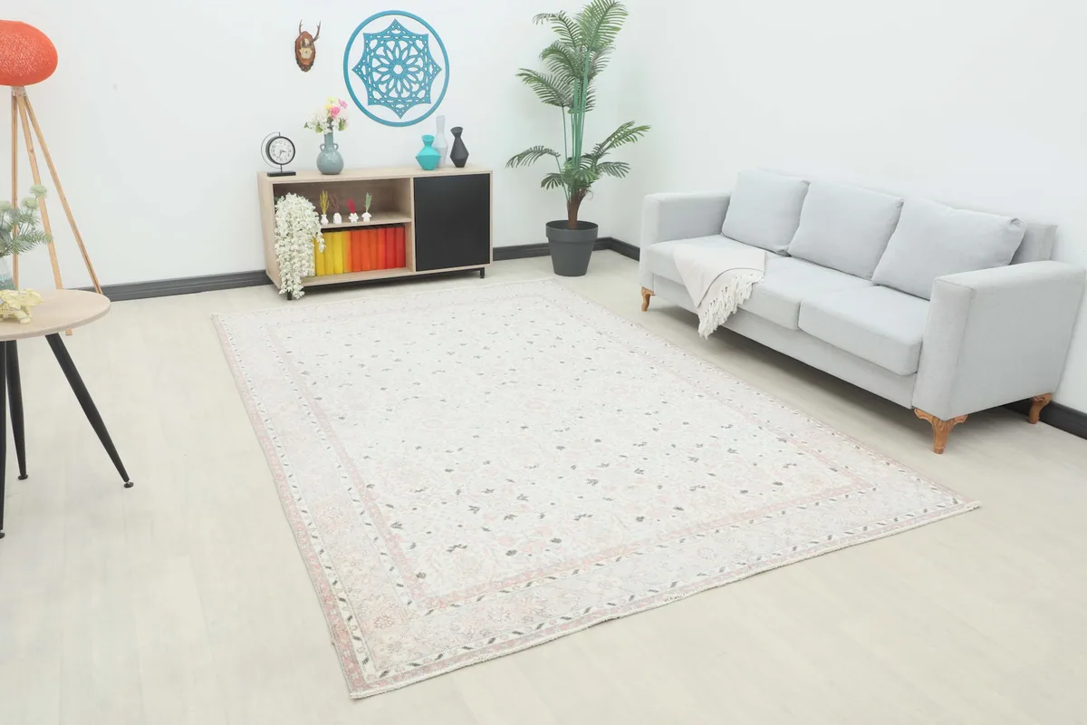 Vintage cream and rose rug displayed in a bright room with a light gray sofa and modern decor.