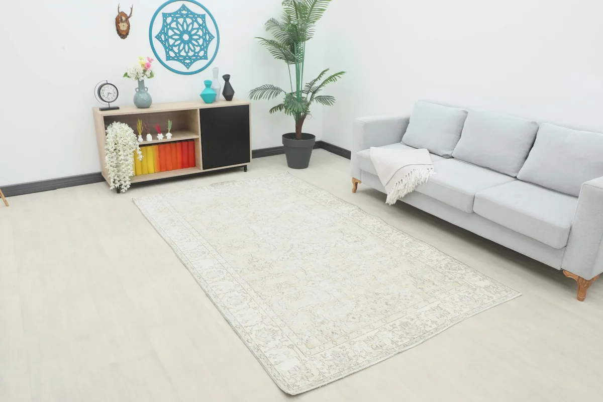 Vintage area rug in a modern living room setting with a light gray sofa and wooden cabinet