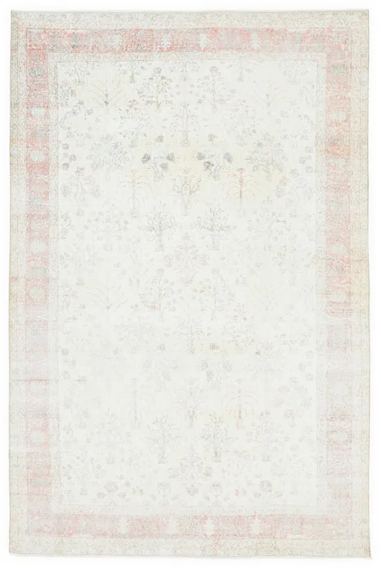 Full top view of the ivory and red vintage Anatolian area rug