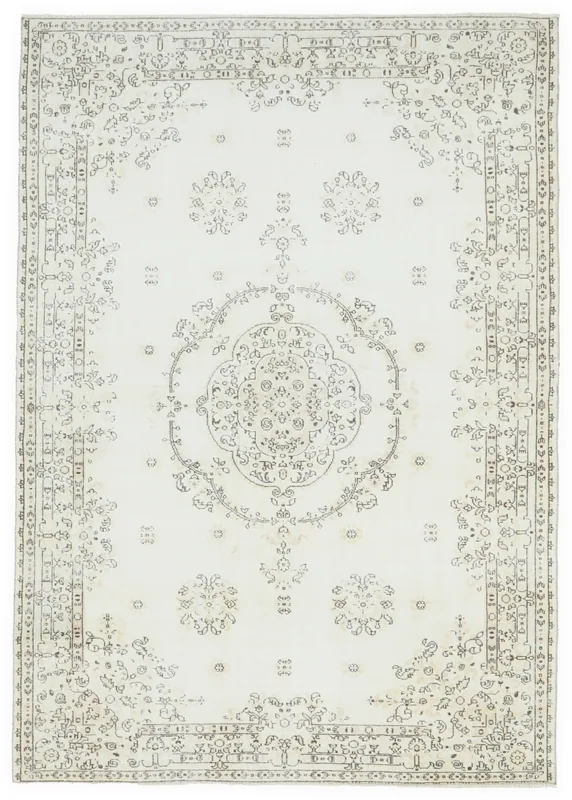 Full top view of a large ivory and beige Anatolian vintage area rug with a central medallion