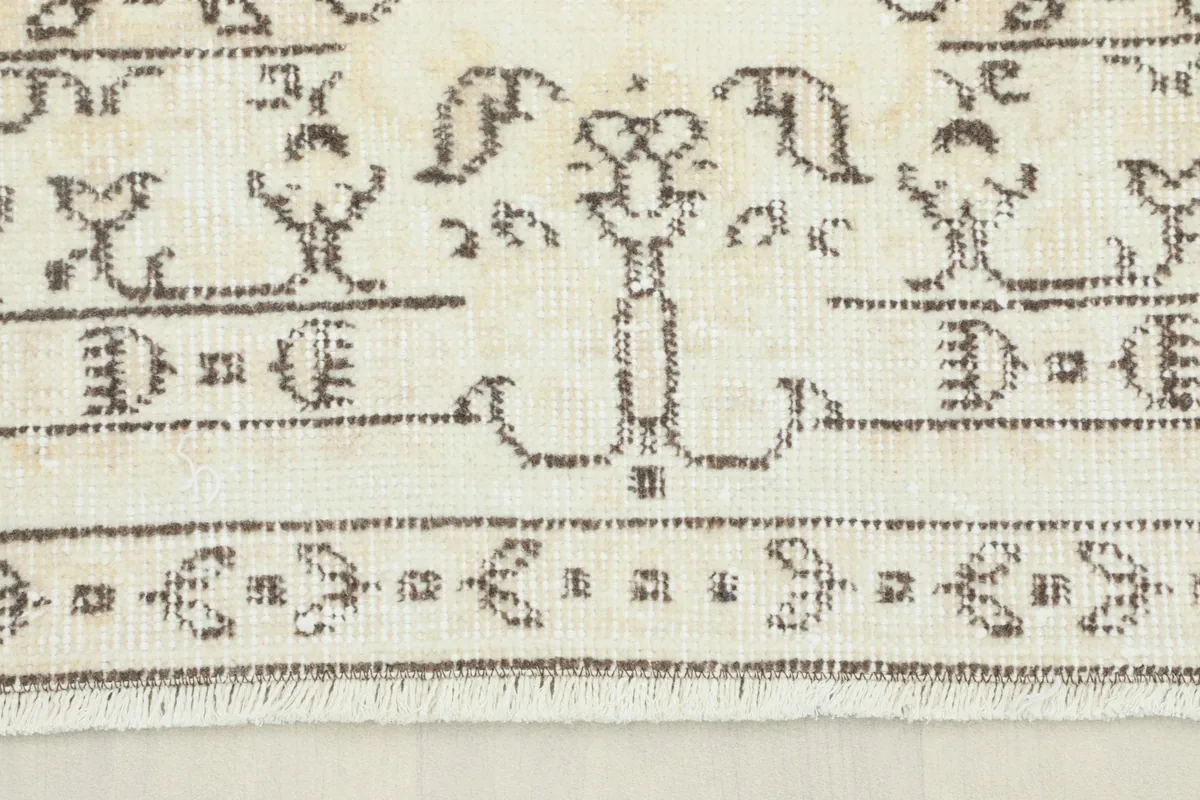 Close-up view of the rug's border pattern and fringe, showing the beige and brown details