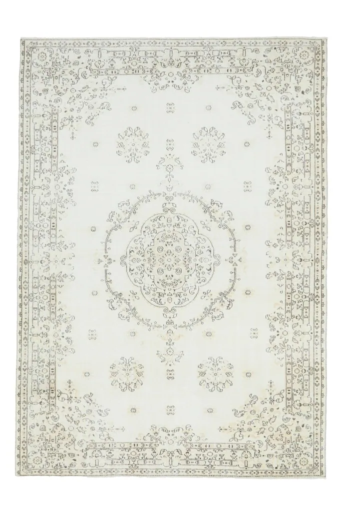 Full top view of the ivory and beige vintage Anatolian rug, showcasing its complete design