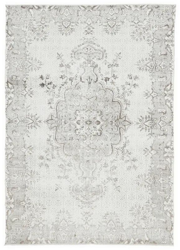 Full top view of the 7x10 muted cream and gray vintage Anatolian area rug