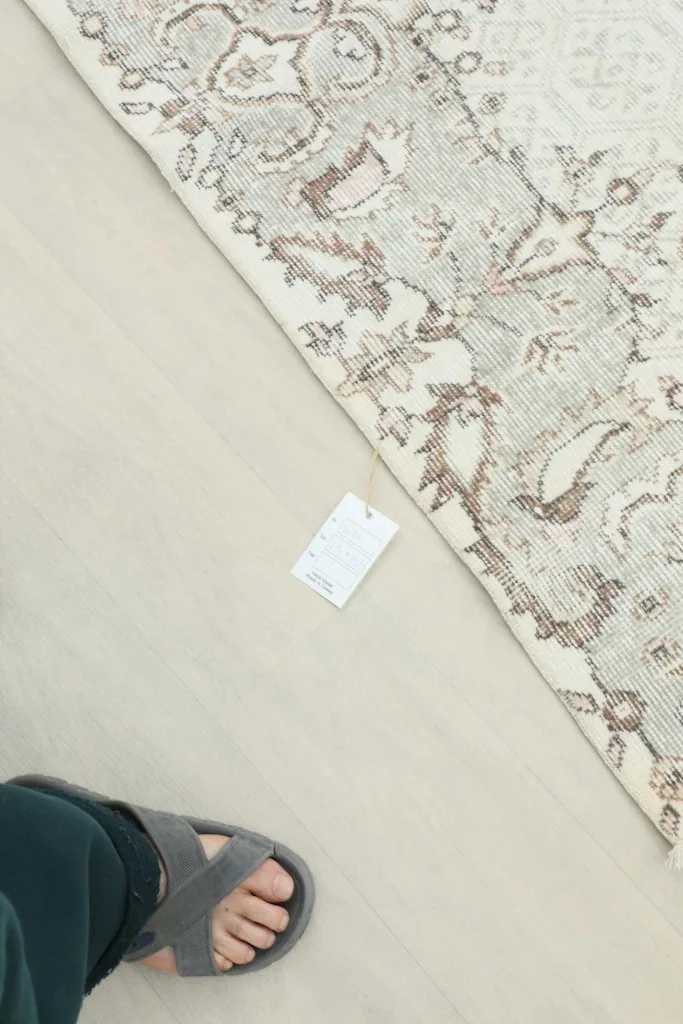 Top-down view of the rug's texture and color, with a foot for scale