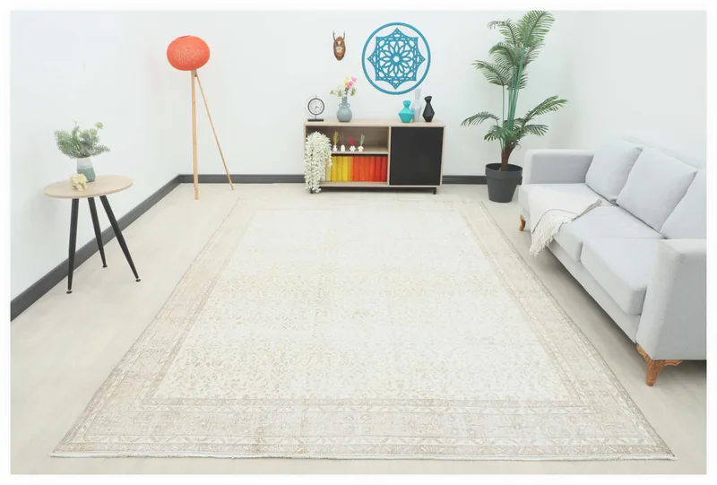 Full overhead view of the 7'10" x 9'10" ivory and beige vintage Anatolian rug