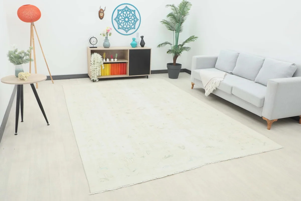 Ivory vintage area rug placed in a room with a light gray sofa and modern decor