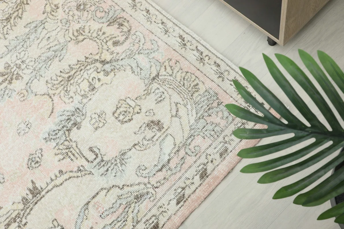 Top-down view of the rug's border design next to a green plant