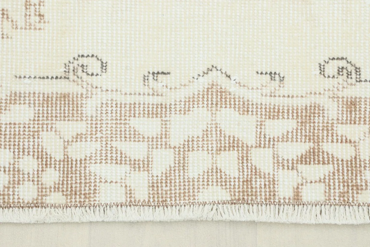Close-up view of the rug's short fringe and the geometric pattern on the tan border