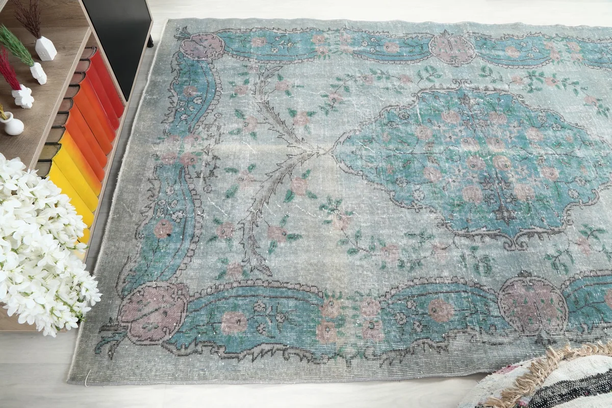 Angled view of the rug, illustrating its dimensions and how it lays on the floor.