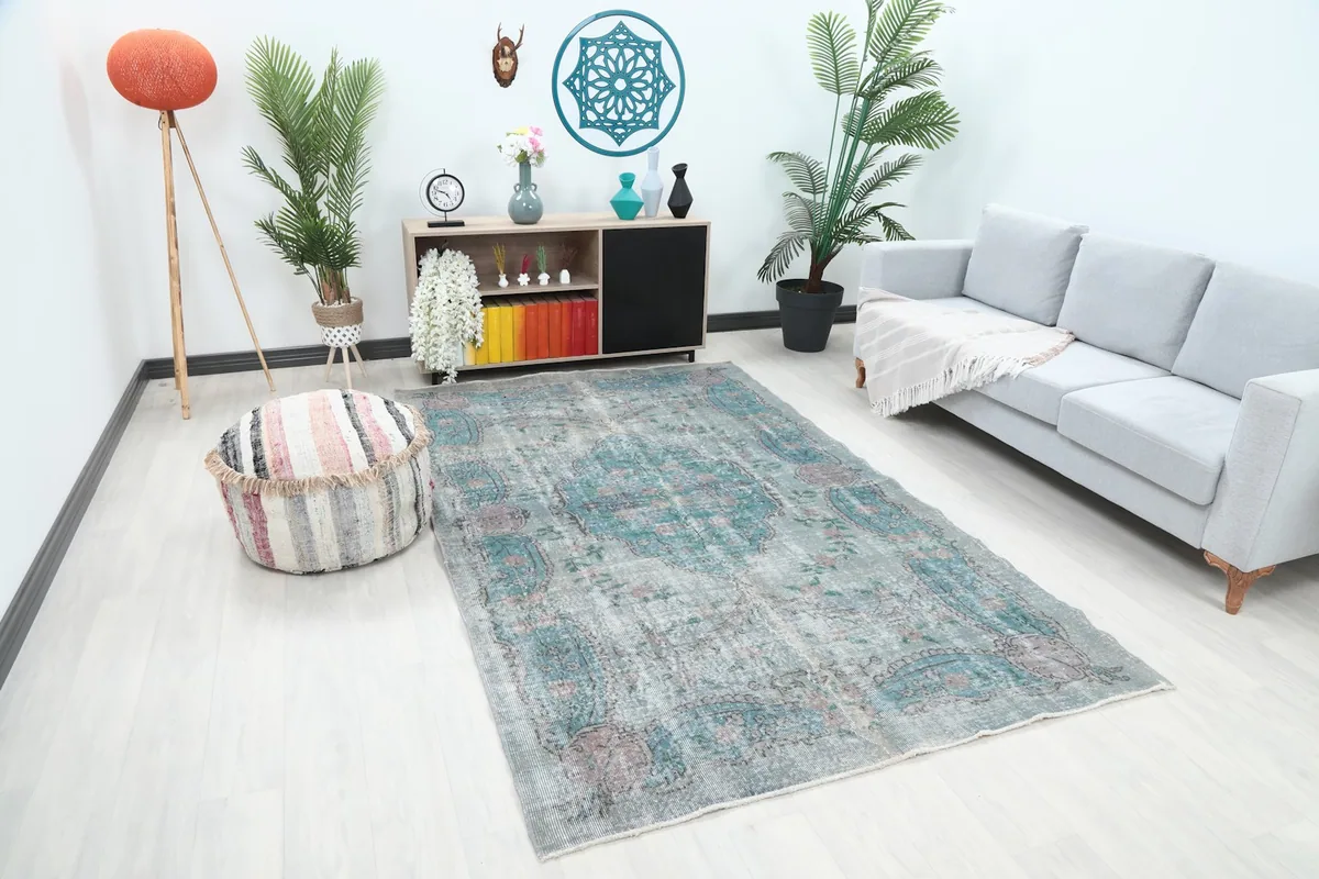 Angle view of the Anatolian rug in a room, highlighting its colors and placement.