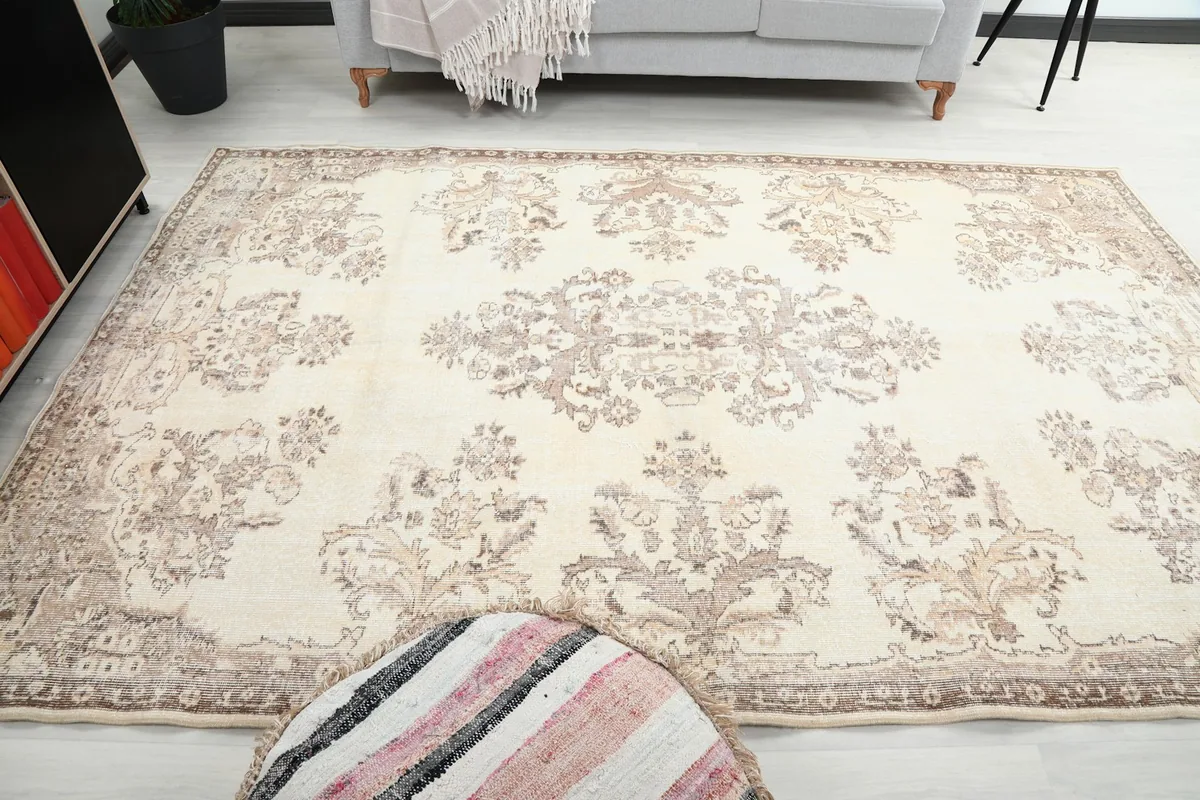 Overhead angle of the rug in a room, capturing its full design and texture