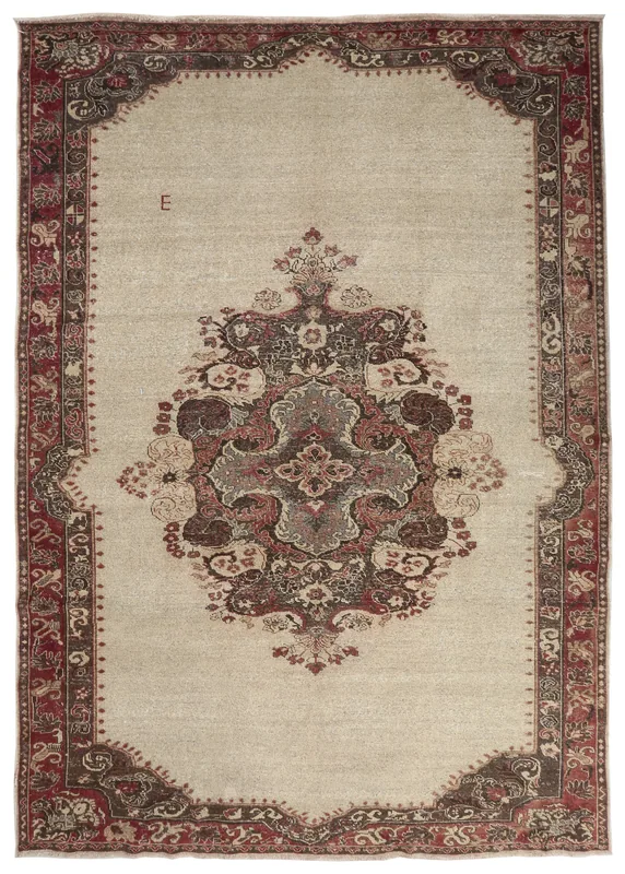 Full top view of the 7'5" x 10'5" ivory and red Anatolian vintage hand-knotted wool area rug