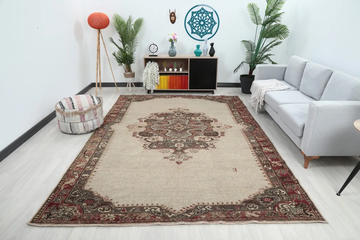 Ivory and red vintage Anatolian area rug displayed in a modern living room setting