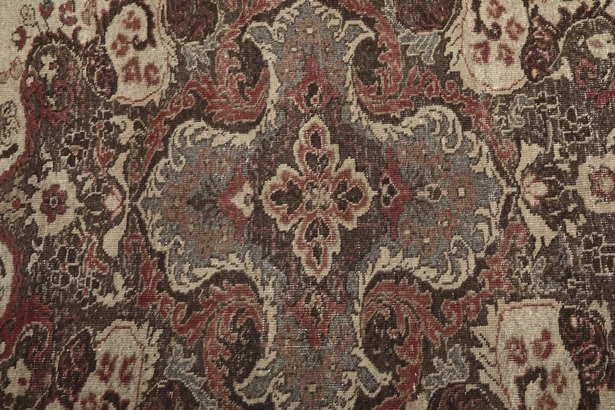 Close-up detail of the intricate floral and geometric patterns within the medallion of the rug