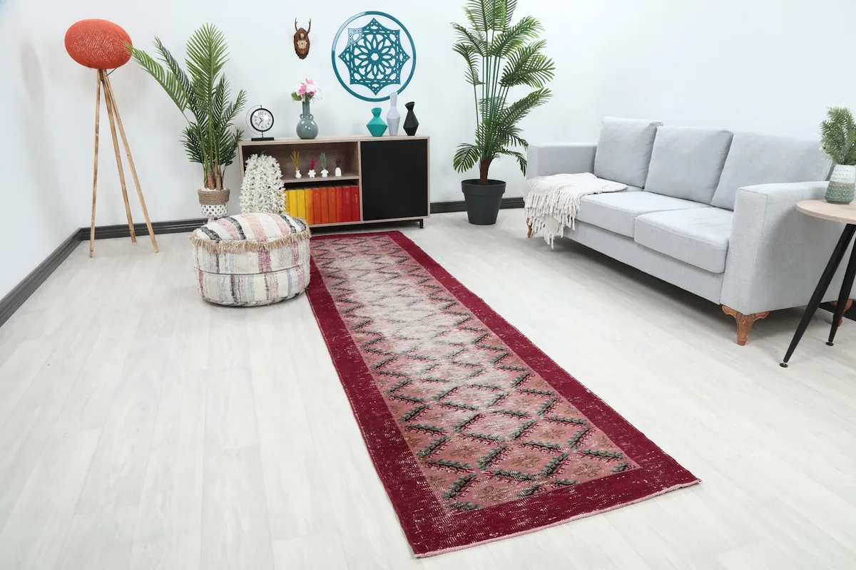 Angle view of the runner rug in a living room, showing its length and placement