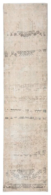 Full overhead view of the beige and charcoal geometric Anatolian runner rug