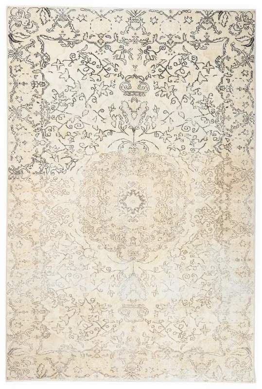 Full top view of the 6'3" x 9'2" ivory and charcoal vintage Anatolian area rug