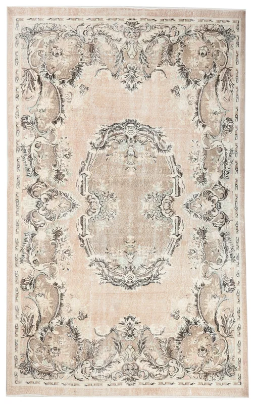 Full top view of the beige and charcoal vintage Anatolian area rug.