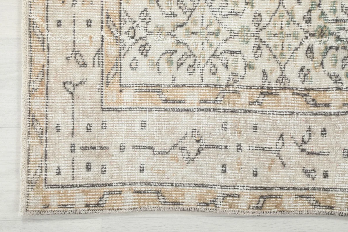 Corner detail showing the patterned beige border and faded cream field