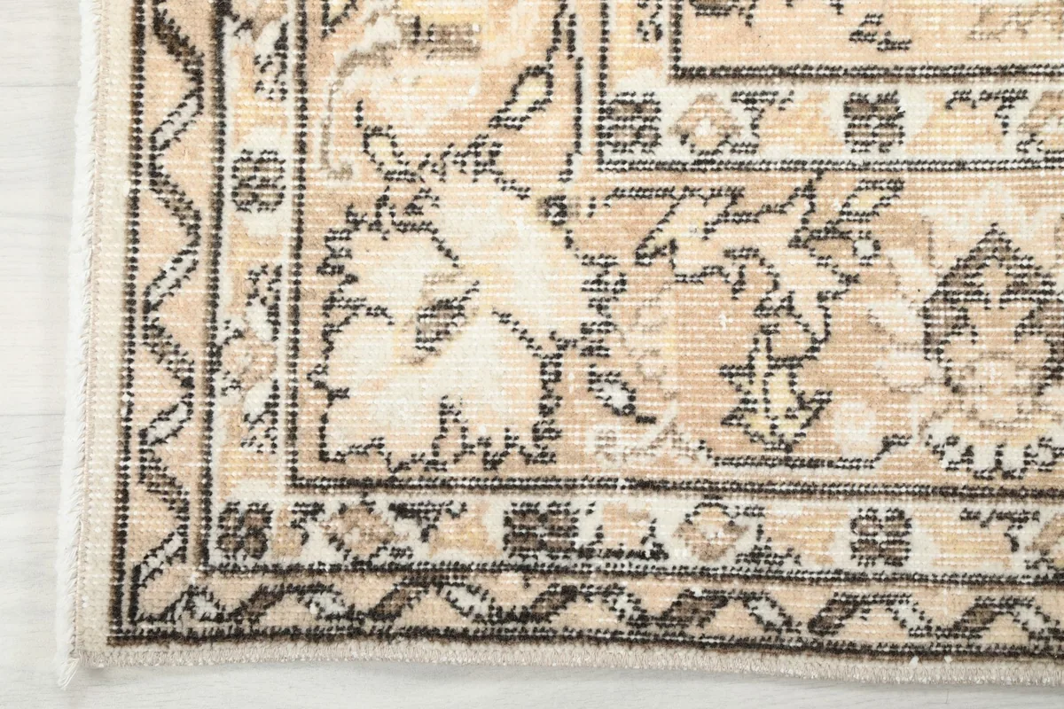 Close-up of the rug's border design, showcasing the geometric motifs and fringe detail.