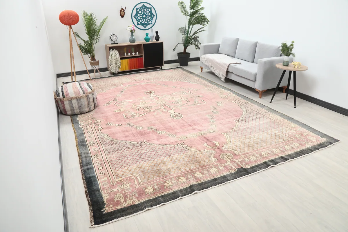 Rose Medallion Anatolian Area Rug from a different angle in a living room