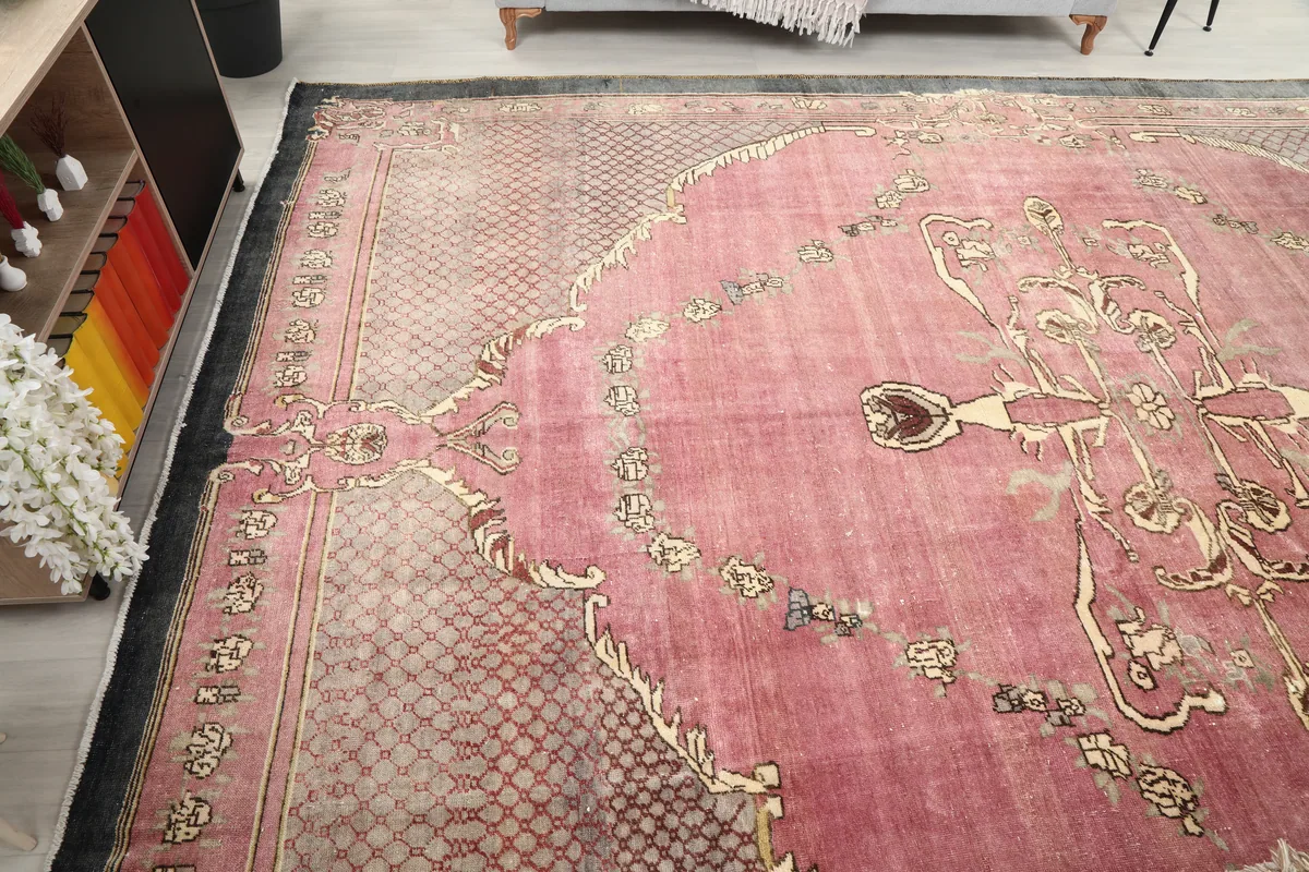 Angled shot of the rug's field and border, showing its full design