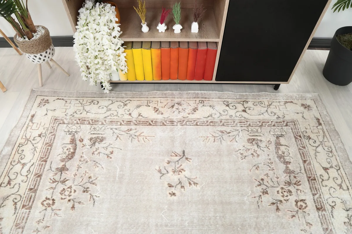 Overhead detail of the beige rug's border and field design next to a bookshelf