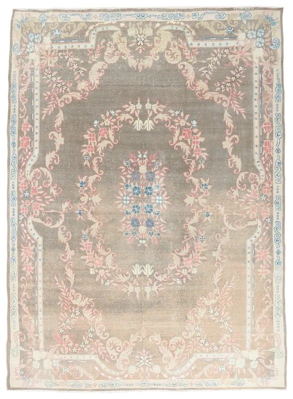 Gray Rose Medallion Anatolian Rug, full top view showing faded colors and floral design.