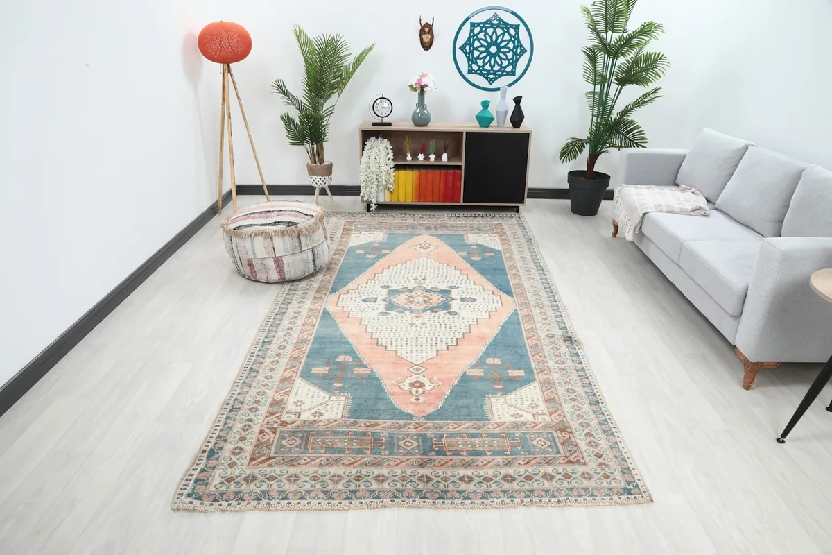 Vintage Anatolian rug displayed in a modern living room setting with a sofa and plants
