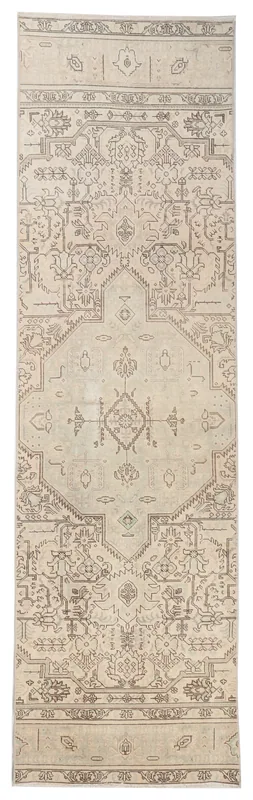 Full overhead view of the 3'6" x 12'2" vintage Anatolian runner with beige and brown geometric patterns.