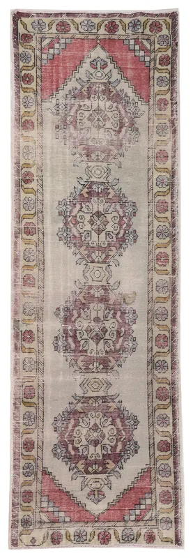 Full top view of the 2'11" x 9'3" vintage Anatolian runner rug on a white background.