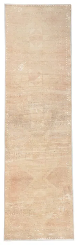 Full top view of the 3'3" x 11'1" beige vintage Anatolian runner rug on a white background.