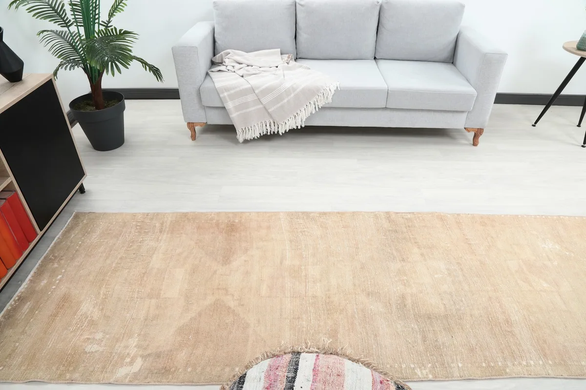 Overhead view of the beige runner rug in the room, showing its placement relative to the sofa and furniture.