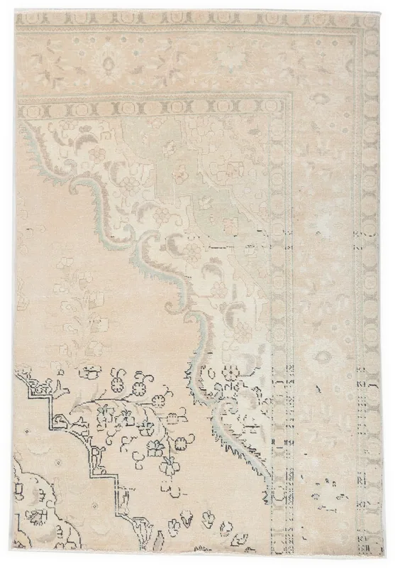Full top view of the ivory vintage Anatolian rug with floral medallion design