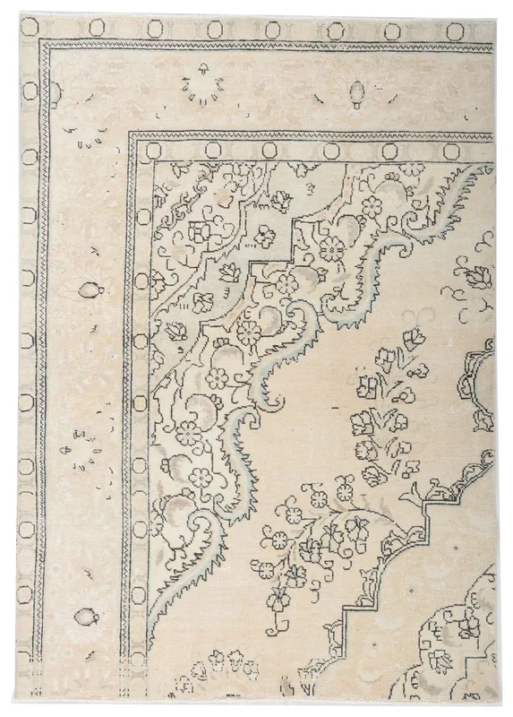 Full top view of the 4'6" x 6'3" beige and charcoal vintage Anatolian rug