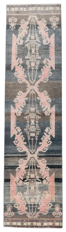 Full top view of the 2'9" x 10'8" vintage Anatolian runner rug with blue and rose tribal patterns.
