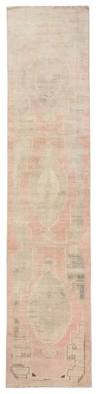 Full overhead view of the 2'8" x 12'4" vintage Anatolian runner rug with rose and gray geometric patterns.