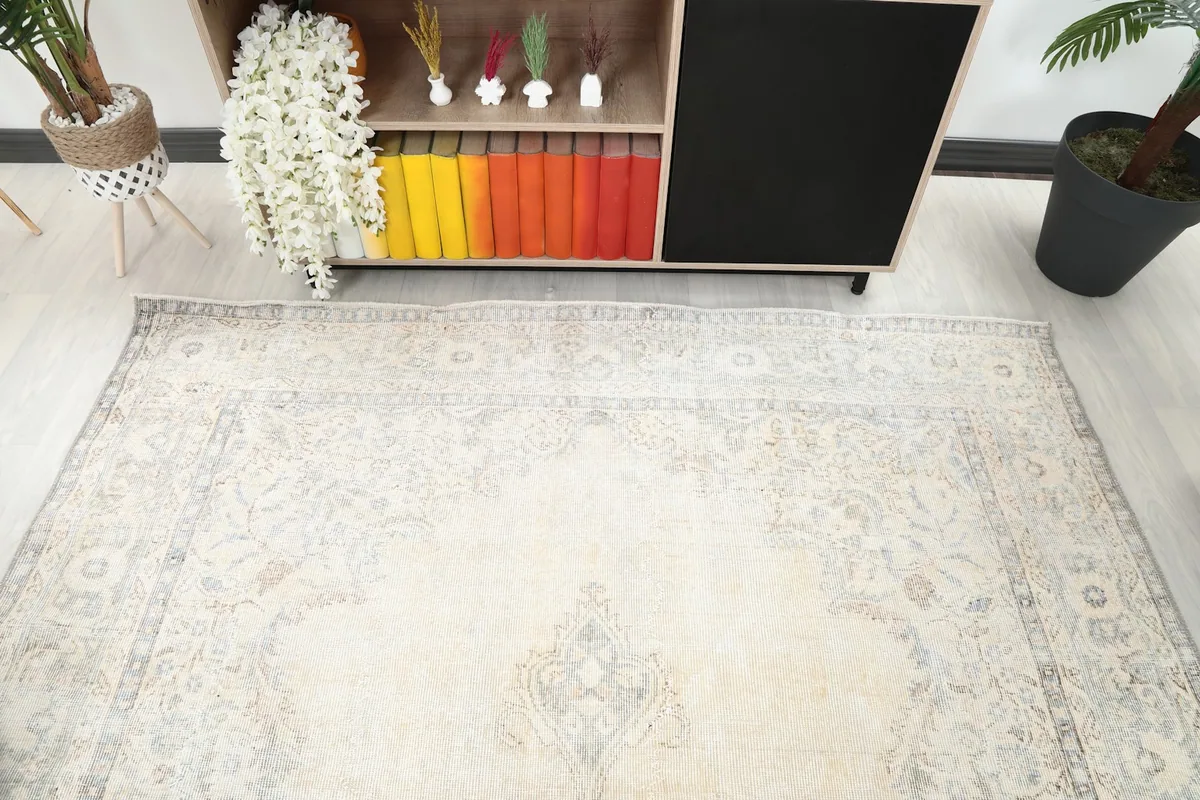 View of the rug's patterns and subtle color variations from an elevated angle.