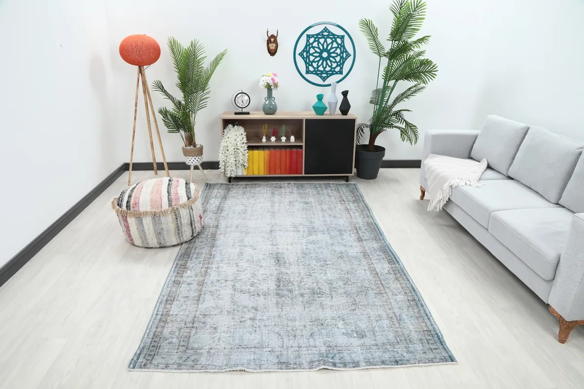 Vintage blue gray rug in a living room setting with a sofa and plants