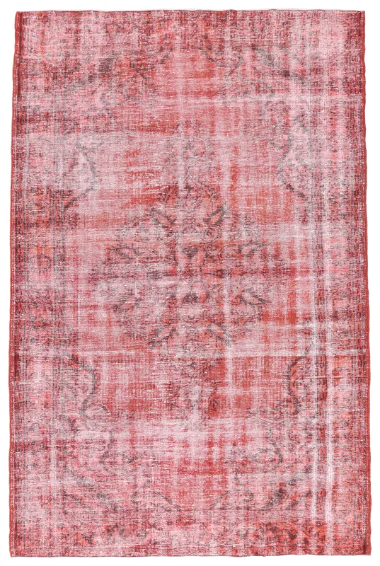Full overhead view of the 5'9" x 9'1" vintage red distressed floral rug