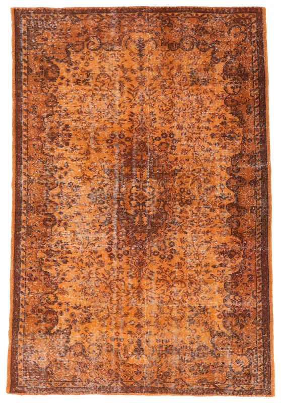 Full top view of the 5'4" x 7'11" orange vintage Anatolian rug on a white background.