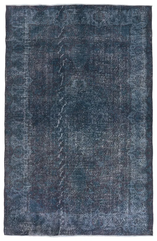 Full overhead view of the 6'4" x 9'8" vintage navy Anatolian rug on a white background.